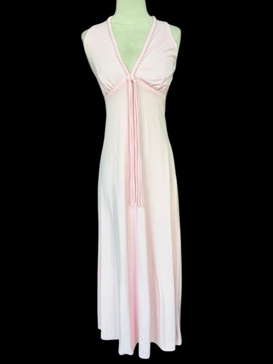 Vintage Dresses & Skirts - 1970s Pale Pink Braided‎ Trim V-Neckline w/Tassels Lined Poly Maxi Dress